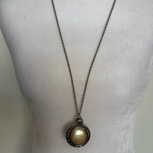Vintage Avon Pearl Pendant Necklace | Silver Tone Marcasite Style | Signed